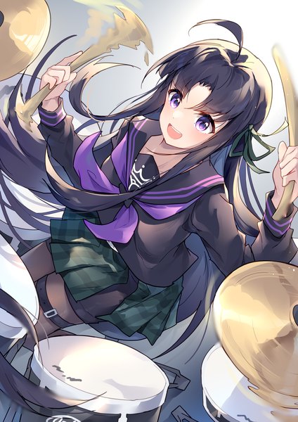 Anime picture 2480x3508 with girls band cry toei animation awa subaru kaga mi single long hair tall image highres open mouth black hair sitting purple eyes looking away ahoge :d from above playing instrument girl uniform ribbon (ribbons)