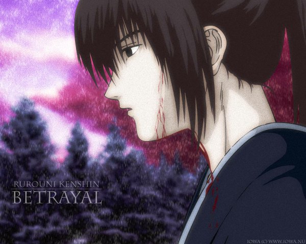 Anime picture 1280x1024 with rurouni kenshin himura kenshin tagme (artist) single long hair fringe open mouth black hair upper body ponytail profile black eyes copyright name blood on face bloody clothes empty eyes boy blood