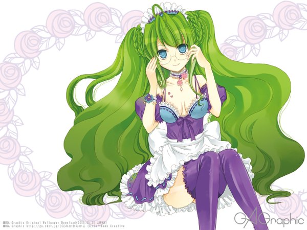 Anime picture 1280x960 with gagraphic mikaki mikako single long hair looking at viewer light erotic sitting ahoge aqua eyes green hair maid two side up wallpaper wavy hair adjusting glasses girl thighhighs glasses