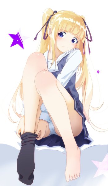 Anime picture 698x1200 with saenai heroine no sodatekata a-1 pictures sawamura spencer eriri dafi single long hair tall image blush fringe blue eyes light erotic simple background white background sitting twintails looking away full body bent knee (knees) blunt bangs pleated skirt