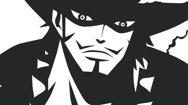 Anime picture 1920x1080 with one piece toei animation dracule mihawk kiro (mieru) single looking at viewer highres simple background wide image white background monochrome high contrast flat color minimalist boy hat food beard mustache