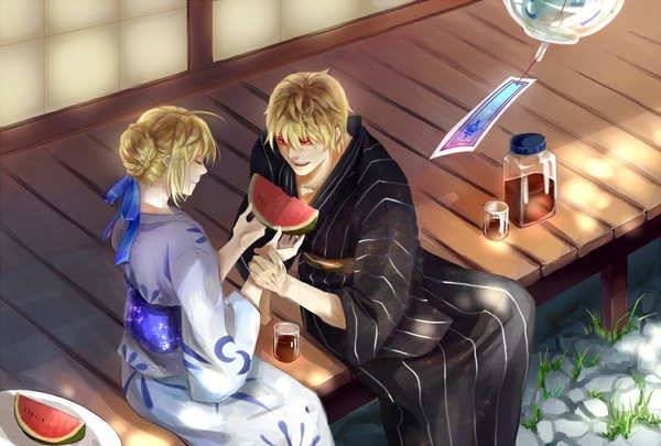 Anime picture 1110x750 with fate (series) fate/stay night fate/zero studio deen type-moon artoria pendragon (all) saber gilgamesh (fate) lorein alasse calafalas short hair open mouth blonde hair red eyes sitting holding braid (braids) eyes closed traditional clothes japanese clothes