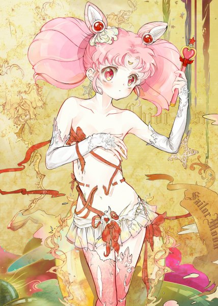 Anime picture 856x1200 with bishoujo senshi sailor moon toei animation chibiusa sailor chibi moon brok (tcypy007) single tall image looking at viewer blush light erotic simple background red eyes twintails bare shoulders holding pink hair bare belly hair bun (hair buns) alternate costume embarrassed