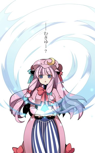 Anime picture 1000x1600 with touhou patchouli knowledge kaka cheung single long hair tall image looking at viewer fringe open mouth simple background white background purple eyes holding pink hair magic surprised girl dress headdress book (books)
