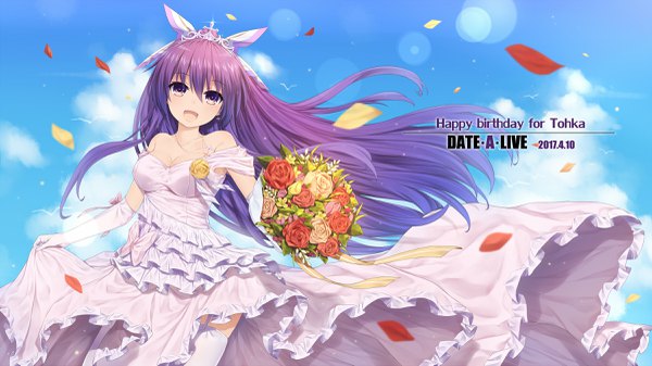 Anime-Bild 2400x1350 mit date a live yatogami tooka neps-l single long hair looking at viewer fringe highres open mouth hair between eyes wide image purple eyes sky purple hair cloud (clouds) wind inscription copyright name dated happy birthday