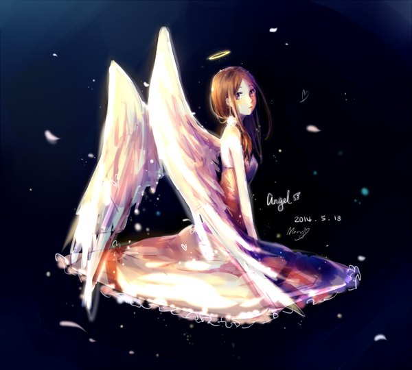 Anime picture 1350x1216 with original mary-ko (hairless rabbit) single long hair looking at viewer blush simple background brown hair sitting bare shoulders black background angel wings white wings angel girl dress petals wings halo