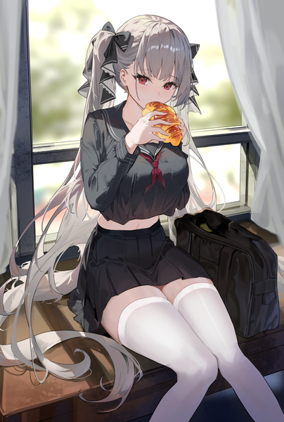 Anime picture 2782x4132 with azur lane formidable (azur lane) formidable (the lover's heart flutters on duty) (azur lane) maanu single long hair tall image looking at viewer fringe highres red eyes twintails holding blunt bangs pleated skirt grey hair midriff official alternate costume eating girl