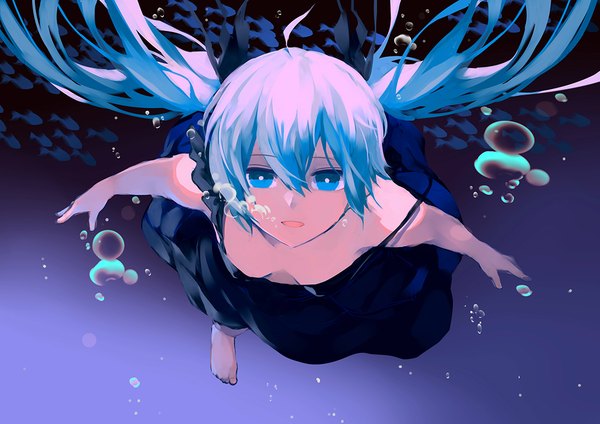 Anime picture 1132x800 with vocaloid shinkai shoujo (vocaloid) hatsune miku zen33n single long hair fringe breasts open mouth blue eyes hair between eyes twintails blue hair cleavage ahoge barefoot spread arms strap slip underwater purple background