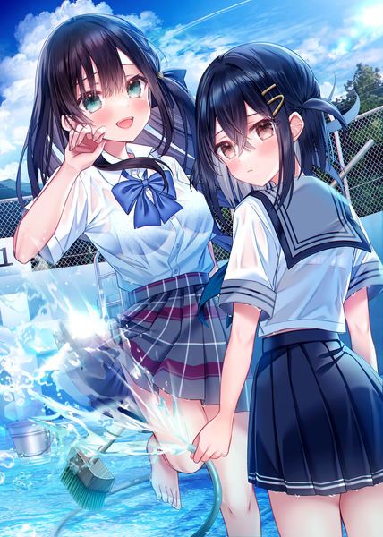 Anime picture 2976x4175 with original kuro namako long hair tall image looking at viewer blush fringe highres open mouth light erotic black hair smile standing multiple girls brown eyes green eyes sky cloud (clouds) outdoors :d