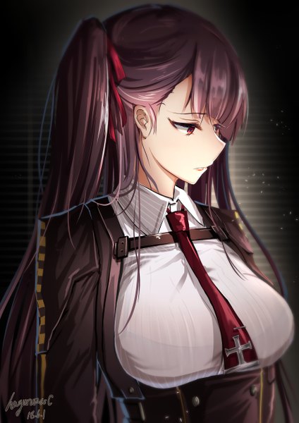 Anime picture 3541x5016 with girls frontline wa2000 (girls frontline) haguruma (hagurumali) single long hair tall image blush fringe highres breasts simple background red eyes signed looking away absurdres purple hair upper body parted lips one side up dated