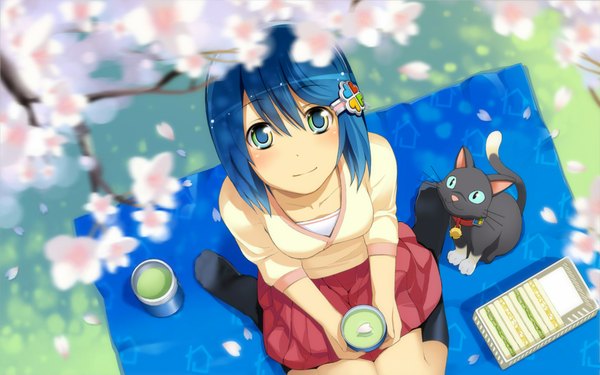 Anime picture 1920x1200 with os-tan microsoft windows 7 madobe nanami looking at viewer blush highres short hair blue eyes wide image sitting blue hair cherry blossoms girl thighhighs hair ornament ribbon (ribbons) black thighhighs hair ribbon food