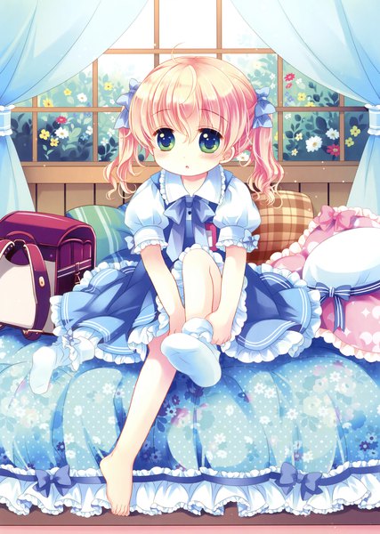 Anime picture 2489x3500 with original sakurazawa izumi single tall image blush highres short hair blonde hair twintails green eyes scan official art loli short twintails girl dress flower (flowers) socks pillow bed