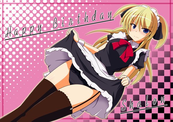 Anime picture 2000x1414 with quiz magic academy shalon kurenaidahlia single long hair looking at viewer blush highres blue eyes light erotic blonde hair maid two side up character names happy birthday girl thighhighs dress underwear panties