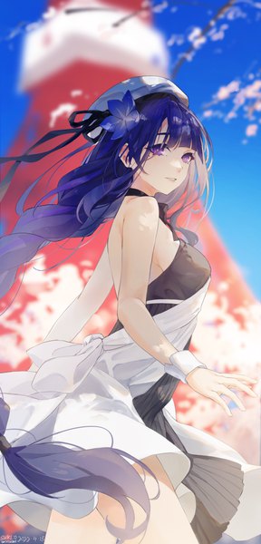 Anime picture 2872x5987 with genshin impact raiden shogun swkl:d single long hair tall image looking at viewer fringe highres breasts smile standing purple eyes bare shoulders signed sky purple hair outdoors blunt bangs braid (braids)