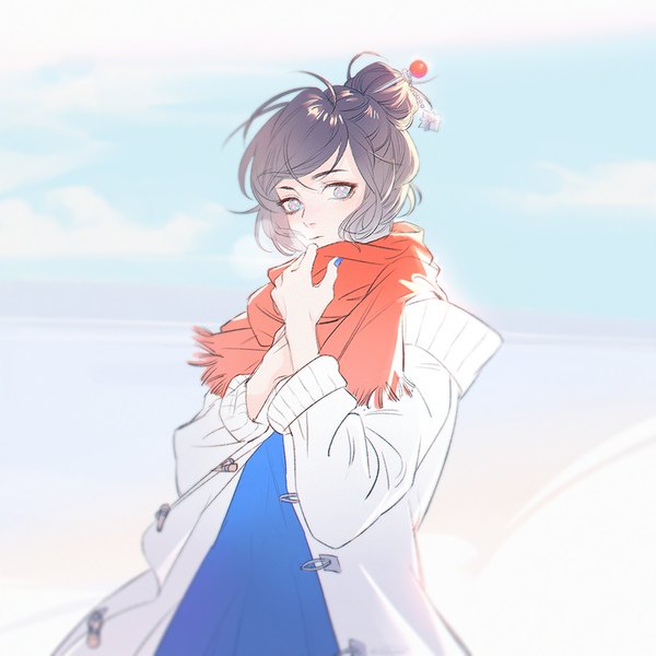 Anime picture 800x800 with overwatch blizzard entertainment mei (overwatch) krusier single looking at viewer short hair brown hair signed sky cloud (clouds) upper body nail polish fingernails open clothes hair bun (hair buns) alternate costume long fingernails exhalation messy hair