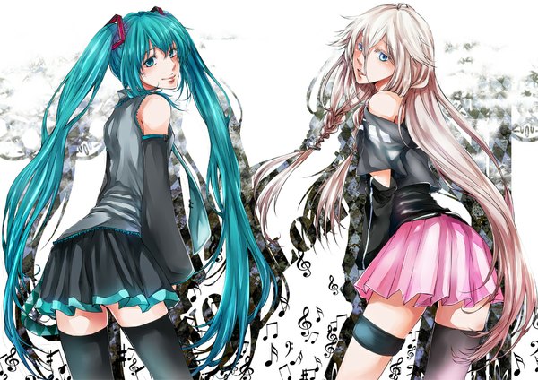 Anime picture 1061x750 with vocaloid hatsune miku ia (vocaloid) blue eyes blonde hair twintails bare shoulders multiple girls braid (braids) very long hair looking back aqua eyes aqua hair twin braids girl thighhighs skirt black thighhighs 2 girls detached sleeves