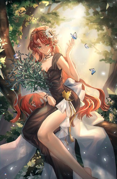 Anime picture 1532x2339 with reverse:1999 druvis iii fanxing (user kydu8524) single long hair tall image sitting green eyes looking away outdoors red hair sleeveless side slit butterfly on hand girl dress flower (flowers) plant (plants) tree (trees) black dress