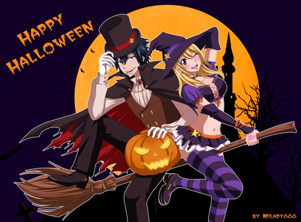 Anime picture 1600x1181 with fairy tail lucy heartfilia gray fullbuster milady666 long hair short hair open mouth black hair blonde hair smile brown eyes one eye closed wink black eyes inscription tattoo halloween happy halloween girl thighhighs