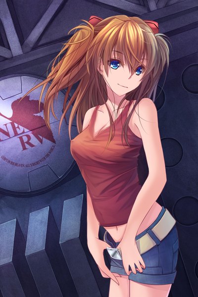 Anime picture 1300x1950 with neon genesis evangelion gainax soryu asuka langley youxuemingdie single long hair tall image looking at viewer breasts blue eyes light erotic blonde hair bare shoulders nerv girl hair ornament shorts