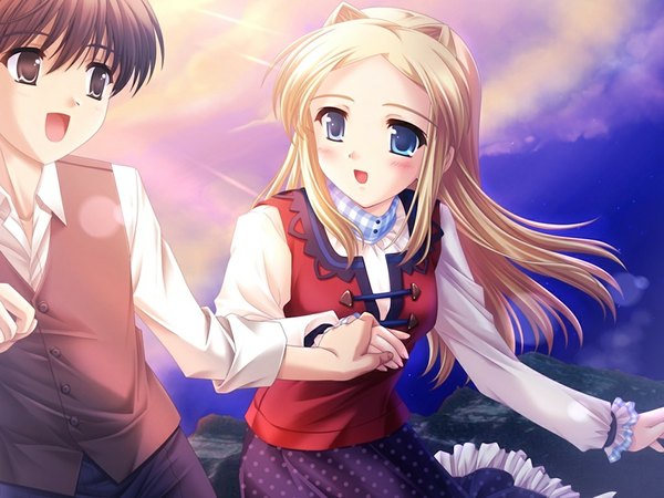 Anime picture 1024x768 with scarlett open mouth blue eyes blonde hair brown hair brown eyes game cg couple girl boy