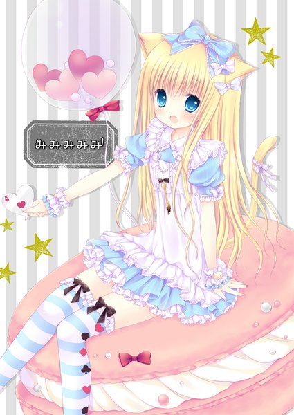 Anime picture 800x1130 with original mizuse ruka long hair tall image blush open mouth blue eyes blonde hair animal ears tail animal tail cat ears teeth cat girl cat tail loli fang (fangs) girl thighhighs dress