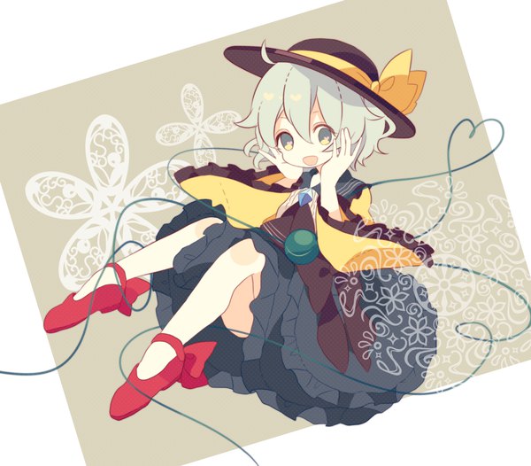Anime picture 1400x1229 with touhou komeiji koishi daizu (melon-lemon) single looking at viewer short hair open mouth smile green eyes long sleeves green hair wide sleeves symbol-shaped pupils heart-shaped pupils heart of string hands on face girl dress hat shoes