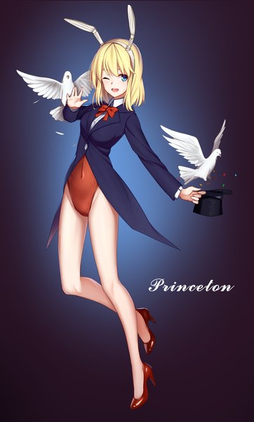 Anime picture 1626x2696 with warship girls r princeton (warship girls r) arnold-s single tall image short hair open mouth blue eyes light erotic simple background blonde hair smile animal ears full body one eye closed bare legs high heels bunny ears character names gradient background