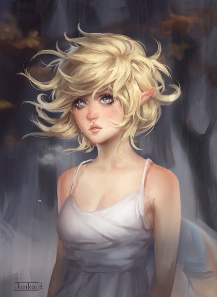 Anime picture 730x1000 with jurikoi single tall image short hair open mouth blue eyes simple background blonde hair bare shoulders signed wind lips pointy ears tears portrait elf crying freckles girl teardrop