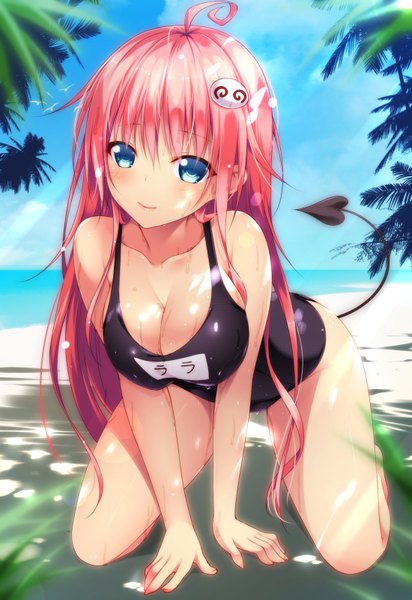 Anime picture 1100x1600 with toloveru xebec lala satalin deviluke shokuyou mogura single long hair tall image looking at viewer blush breasts blue eyes light erotic pink hair ahoge tail beach girl swimsuit one-piece swimsuit school swimsuit