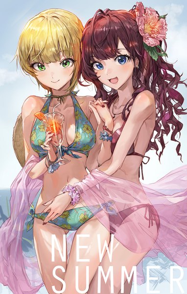 Anime picture 1000x1570 with idolmaster idolmaster cinderella girls ichinose shiki miyamoto frederica modare long hair tall image looking at viewer fringe short hair breasts open mouth blue eyes light erotic blonde hair smile brown hair standing multiple girls holding