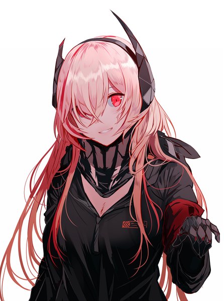 Anime picture 600x807 with girls frontline m4 sopmod ii (girls frontline) silence girl single long hair tall image looking at viewer fringe simple background smile red eyes payot pink hair upper body multicolored hair hair over one eye two-tone hair grin mechanical arms girl
