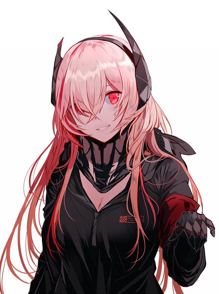 イラスト 600x807 と ドールズフロントライン m4 sopmod ii (girls frontline) 침묵소녀 ソロ 長髪 長身像 カメラ目線 前髪 simple background 笑顔 赤い目 payot ピンク髪 upper body multicolored hair 片目隠れ two-tone hair grin mechanical arms 女の子