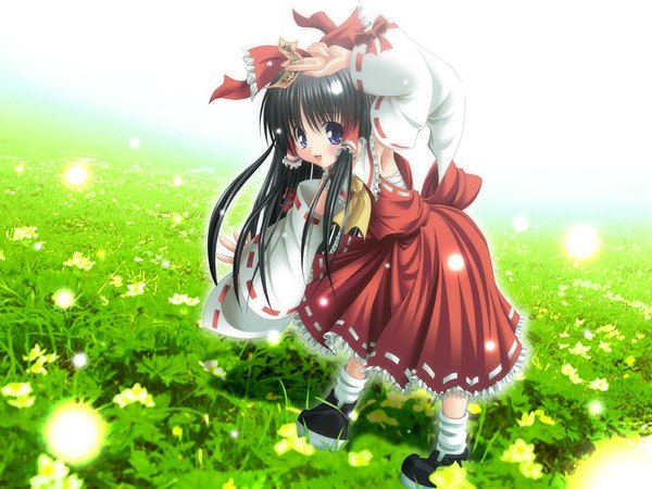 Anime picture 1024x768 with touhou hakurei reimu miko field girl bow hair bow