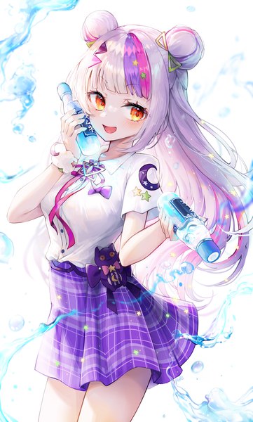 Anime picture 1500x2490 with virtual youtuber hololive murasaki shion pistachiocream single long hair tall image open mouth yellow eyes looking away silver hair :d multicolored hair hair bun (hair buns) streaked hair plaid skirt girl skirt water bottle