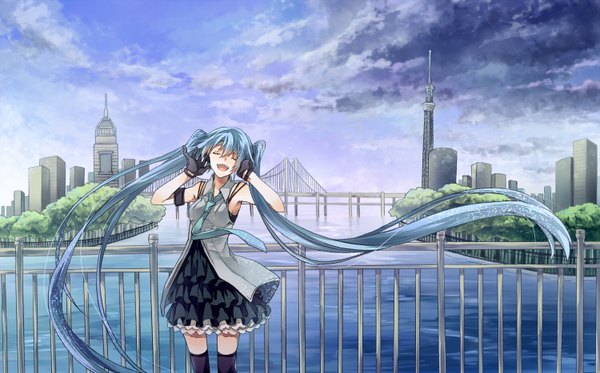 Anime picture 1500x934 with vocaloid hatsune miku nasuko single long hair wide image standing twintails bare shoulders sky cloud (clouds) eyes closed alternate costume city cityscape river singing girl thighhighs dress
