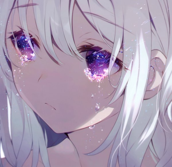 Anime picture 2112x2054 with original achiki single long hair fringe highres hair between eyes purple eyes payot looking away white hair scan tears face crying sad girl teardrop