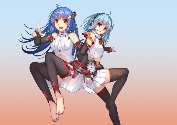 Anime picture 2480x1754 with bilibili douga vocaloid vocaloid append hatsune miku hatsune miku (append) bili girl 33 bili girl 22 xiao dianshi musynexsk looking at viewer highres open mouth smile red eyes bare shoulders multiple girls blue hair ahoge nail polish :d