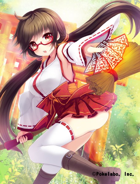 Anime picture 1000x1315 with original juke single long hair tall image blush open mouth light erotic red eyes brown hair traditional clothes miko girl thighhighs detached sleeves white thighhighs glasses boots ofuda