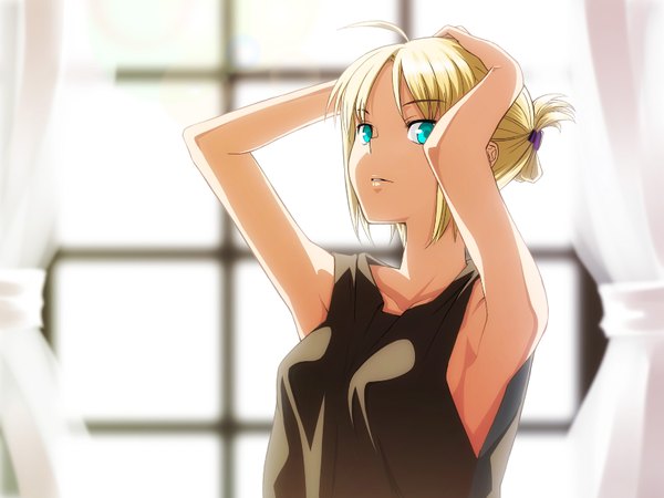 Anime picture 1600x1200 with fate (series) fate/stay night studio deen type-moon artoria pendragon (all) saber fukurou single highres short hair blonde hair upper body ahoge aqua eyes arms up armpit (armpits) adjusting hair folded ponytail girl window