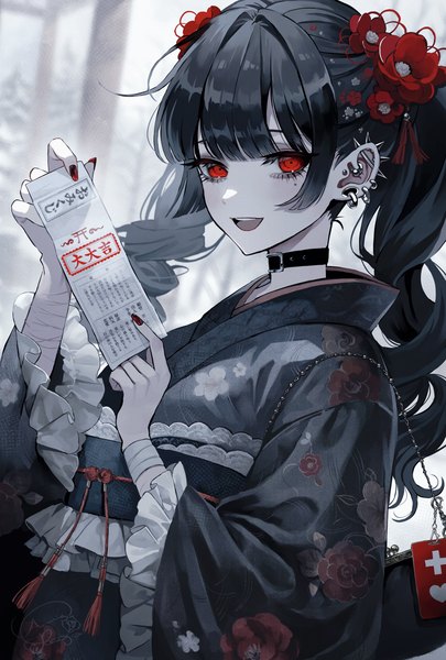 Anime picture 1980x2931 with original yumeno yume single long hair tall image looking at viewer highres open mouth black hair red eyes twintails holding upper body nail polish traditional clothes :d japanese clothes mole mole under eye piercing