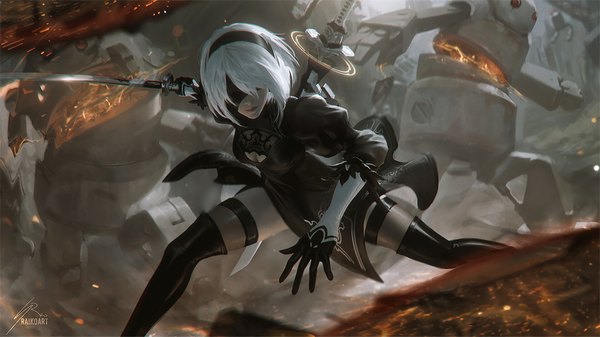 Anime picture 1920x1081 with nier nier:automata yorha no. 2 type b pod (nier:automata) raikoart single fringe highres short hair wide image standing silver hair wallpaper puffy sleeves side slit fighting stance blindfold damage girl thighhighs