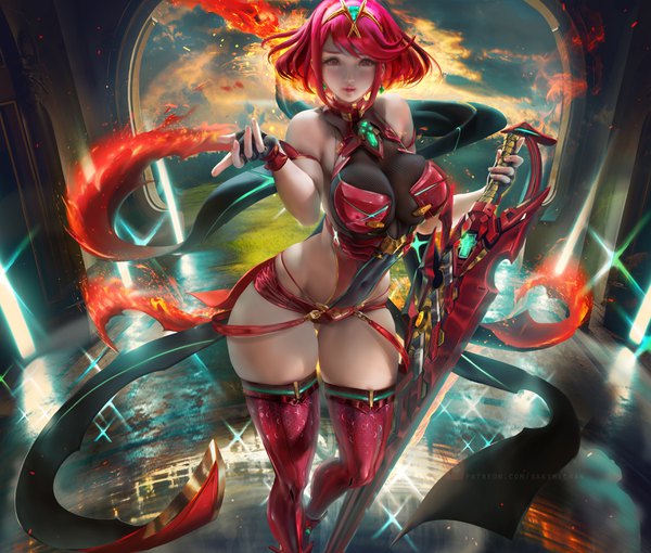 Anime picture 3500x2979 with xenoblade xenoblade 2 pyra (xenoblade) sakimichan single looking at viewer blush fringe highres short hair breasts light erotic smile red eyes large breasts standing bare shoulders holding payot absurdres
