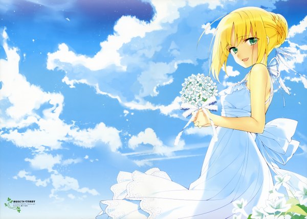 Anime picture 5999x4294 with fate (series) fate/stay night studio deen type-moon artoria pendragon (all) saber hanabana tsubomi single looking at viewer blush highres short hair open mouth blonde hair green eyes absurdres sky cloud (clouds) scan girl