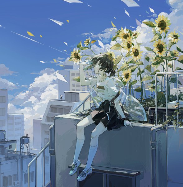 Anime picture 2808x2862 with original mechari single tall image highres short hair black hair sitting looking away sky cloud (clouds) full body ponytail profile wind city bandaid on leg condensation trail bandaid on knee girl