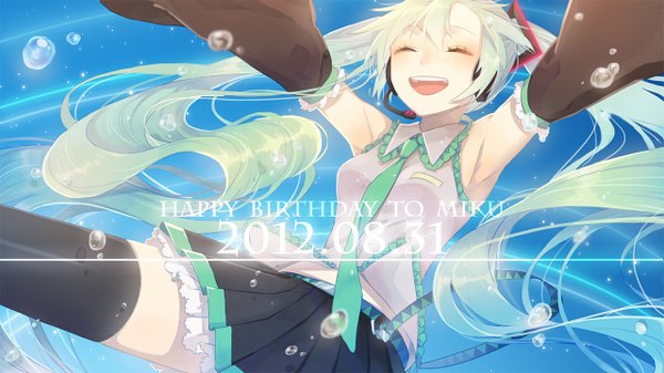 Anime picture 1280x720 with vocaloid hatsune miku io (sinking=carousel) single open mouth wide image twintails eyes closed very long hair green hair armpit (armpits) dated happy spread arms happy birthday girl thighhighs black thighhighs detached sleeves headphones