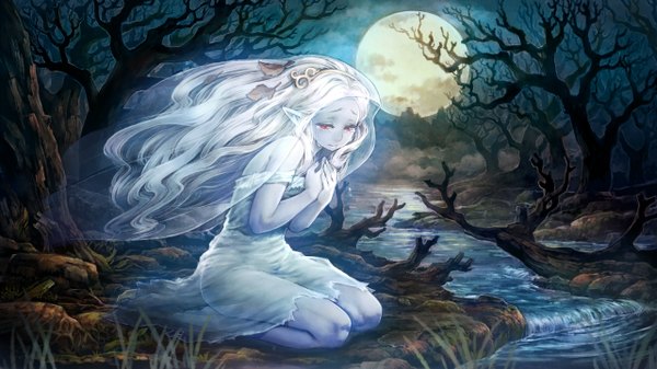 Anime picture 2560x1440 with dragon's crown vanillaware single long hair highres red eyes wide image sitting bare shoulders cloud (clouds) white hair pointy ears night no shoes crossed arms elf crying river wedding girl