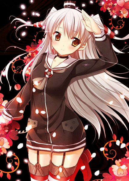 Anime picture 800x1120 with kantai collection amatsukaze destroyer ayamisiro single long hair tall image blush fringe hair between eyes yellow eyes silver hair light smile two side up salute girl thighhighs uniform hat petals choker