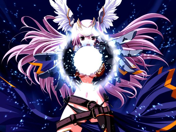 Anime picture 1600x1200 with shirogane no soleil skyfish (studio) hagall valkyr tsurugi hagane single long hair fringe open mouth light erotic hair between eyes pink hair game cg pink eyes bare belly sparkle floating hair magic dark background head wings girl