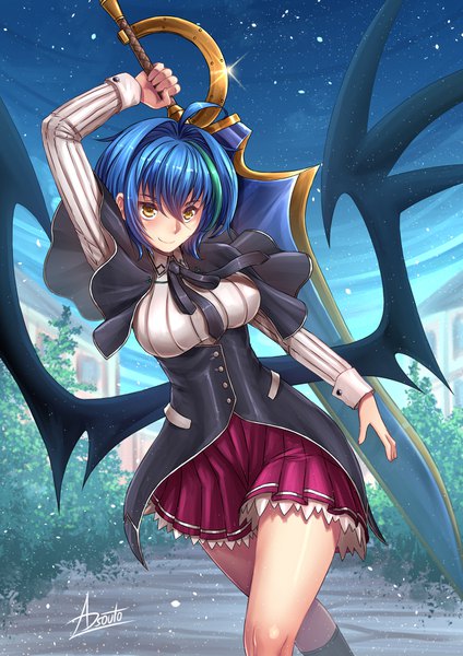 Anime picture 1240x1754 with highschool dxd xenovia quarta adsouto single tall image looking at viewer fringe short hair breasts smile hair between eyes large breasts standing holding signed yellow eyes payot blue hair ahoge outdoors