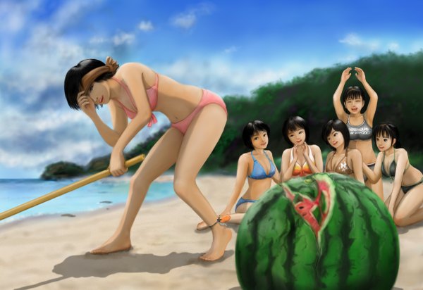 Anime picture 1200x825 with ebi (eeotoko) short hair black hair multiple girls black eyes realistic beach group 6+ girls 6 girls blindfold girl swimsuit bikini food berry (berries) watermelon